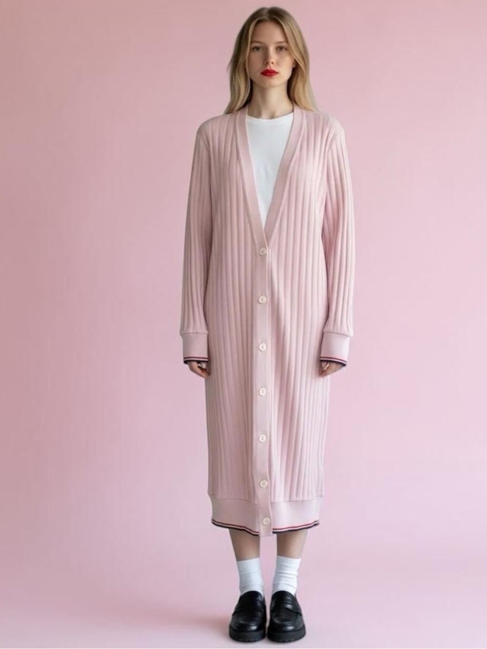Thom Browne Pink Wide Rib
Cashmere Cardigan Midi Dress, NWT